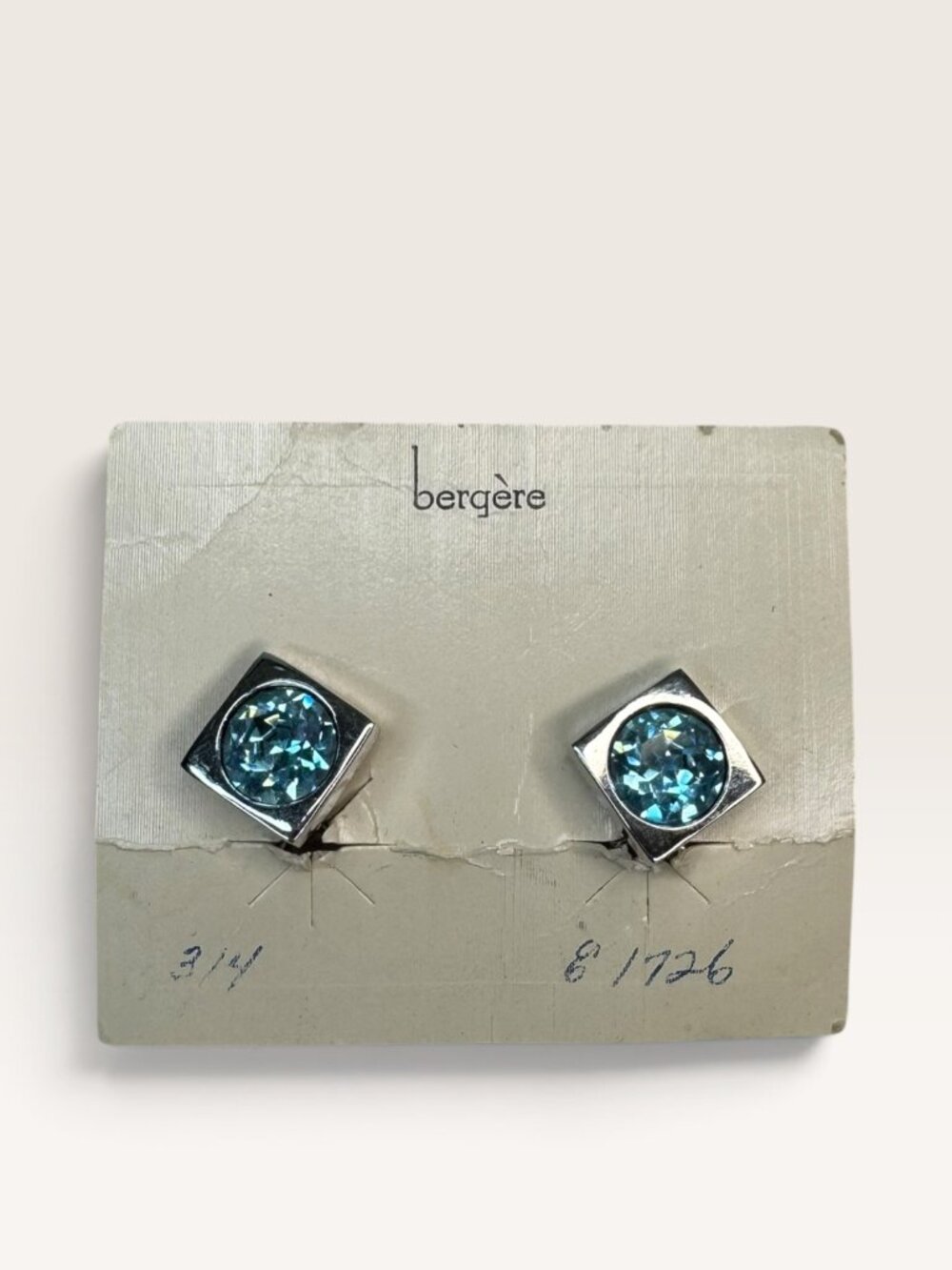 Bergere Aqua Blue Crystal Rhinestone Square Clip On Earrings Original Card